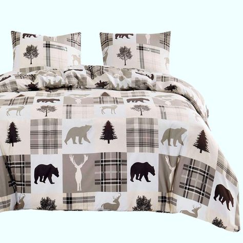 Wake In Cloud - Rustic Patchwork Comforter Set, Lodge Woodland Wildlife Bear Moose Elk Pine Trees Pattern Printed, Soft Microfiber Bedding (3pcs, Queen Size) Rustic Comforter Sets, Rustic Duvet Cover, Rustic Comforter, Theme Soft, Christmas Lodge, Lightweight Bedding, Cabin Christmas, Cabin Lodge, Rustic Cabin