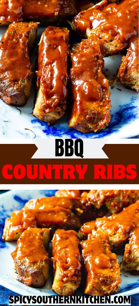 BBQ Country Ribs are baked in the oven until tender and slathered with a sweet and tangy bbq sauce. These boneless pork country style ribs literally fall apart after a few hours in the oven. An easy southern recipe. Southern Style Ribs In Oven, Southern Ribs Recipe Oven Baked, Insta Pot Country Style Pork Ribs Recipe, Oven Baked Country Ribs, Boneless Ribs In Oven, Bbq Pork Ribs In Oven, Pork Country Style Ribs Oven, Boneless Ribs In The Oven, Country Style Pork Ribs In Oven