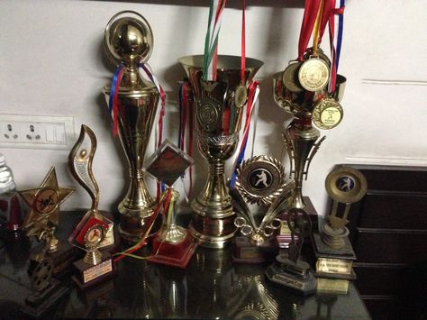 Throwback Cricket !  Trophies and medal collection 😍 Trophy Aesthetic, Cricket Trophy, Medal Collection, Boxer Aesthetic, Surviving Summer, High Achiever, Trophy Collection, Bollywood Music Videos, Honor Student