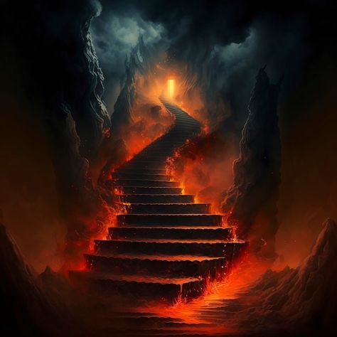 Stair Wallpapers, Gates Of Hell Tattoo, Hell Paintings, Hell Wallpapers, Hell Painting, Hell Background, Staircase To Heaven, Stairs Art, Stair Art