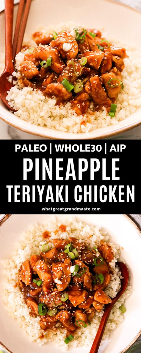 This Whole30 pineapple teriyaki chicken recipe is a quick and healthy weeknight meal, only sweetened with pineapple that's blended in the addicting sauce. It comes together in 15 minutes and you'll never get takeout again! #whole30 #paleo #glutenfree #teriyakisauce #sugarfree #aip #grainfree #chickendinner #weeknightmeal #autoimmuneprotocol #quickrecipe Pineapple Teriyaki Chicken, Autoimmune Diet Recipes, Aip Diet Recipes, Pineapple Teriyaki, Teriyaki Chicken Recipe, Autoimmune Recipes, Autoimmune Paleo Recipes, Aip Paleo Recipes, Chicken Teriyaki Recipe