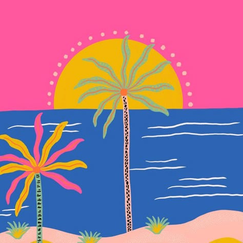 Beachy Pop Art, Beach Aesthetic Illustration, Tropical Island Illustration, Palmtrees Illustration, Tropical Illustration Graphics, Tropical Graphic Design, Abstract Palm Tree, Palm Tree Illustration, Tropical Illustration