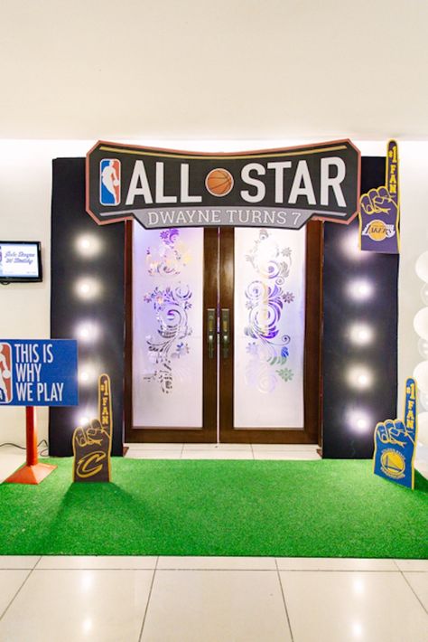 All Star Party Entrance from an NBA Basketball Birthday Party on Kara's Party Ideas | KarasPartyIdeas.com (9) Sports Jersey Themed Party, Nba Birthday Party Ideas, All Star Party Theme Sports, Laker Theme Birthday Party, Jersey Theme Party Decorations, All Star Birthday Party Decoration, All Star Basketball Birthday Party, Nba Draft Themed Party, Basketball Theme Birthday Party Backdrop