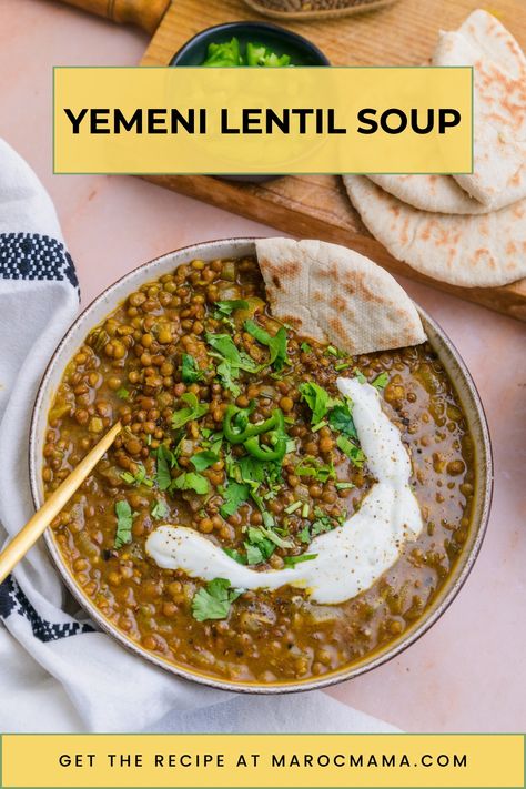 Warm up your soul with a taste of Yemen! This Yemeni Lentil Soup is packed with flavor & protein, perfect for a cozy night in. Vegan, gluten-free & easy to make - what's not to love? Iraqi Lentil Soup, Yemen Recipes, Yemeni Recipes, Yemen Food, Lebanese Lentil Soup, Yemeni Food, Tajin Recipes, Ramadan Recipes Iftar, Iftar Recipes