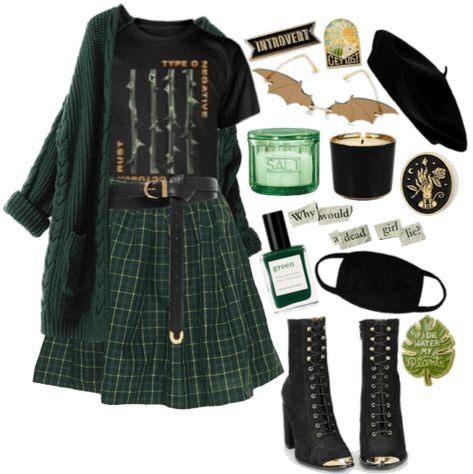 Autumn Outfits Witchy, Edgy Dark Academia Outfits, Forest Goth Aesthetic, Green Alternative Outfit, Green And Black Outfits For Women, Diana Bishop Outfits, Herbalist Aesthetic Clothes, Winter Cottage Core Outfits, Green Dark Academia Outfit