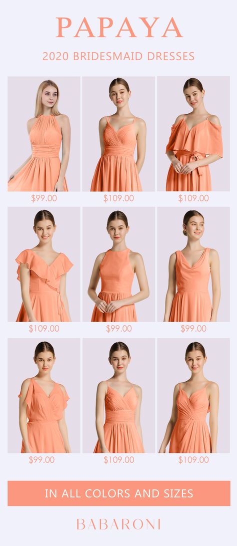 Papaya Bridesmaid Dresses, Papaya Color, Brides Maid Gown, Chiffon Bridesmaid Dresses, Vintage Dress Patterns, Summer Soiree, Maxi Robes, 2020 Fashion, Chiffon Maxi