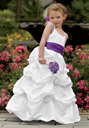 Ball Gown, Scoop Neckline, Empire Waiste, Floor Length, Spaghetti Straps, Iridescent Taffeta, Various Colors, Size 1-14, Price Range $151 to $250 Flower Girl Dresses Purple, Purple Flower Girl Dress, Dresses Purple, Purple Wedding Flowers, White Flower Girl Dresses, Wedding Flower Girl, Bridesmaid Flowers, Junior Bridesmaid Dresses, Junior Bridesmaid