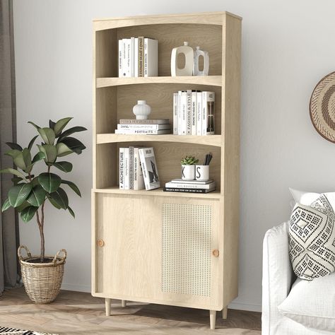 PRICES MAY VARY. 📒【Unique Fashion Style】The JIANSU FURNI bookcase blends boho rattan elements with farmhouse design elements,making it perfect for the living room or home office.Its unique rounded arch design and rounded handles add a touch of beauty to your space. 📒【Ample Storage Space】This 5 tier bookshelf has 3 adjustable shelves and a convenient storage cabinet,providing plenty of space for storing books,photo albums,crafts,decorations and more.Sturdy and durable,this bookcase keeps your i Boho Bookshelf, Farmhouse Bookcase, Farmhouse Bookcases, Adjustable Bookshelf, Large Bookshelves, Tall Bookshelves, Rattan Wood, Large Farmhouse, Bookcase Styling