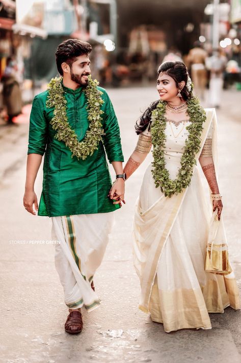 Traditional wedding dress Guruvayur Wedding Photos, Guruvayur Temple Wedding, Kerala Wedding Saree Hindus, South Indian Couple Wedding, Kerala Traditional Engagement Dress, Kerala Engagement Dress Hindus Couple, Guruvayoor Wedding, Indian Wedding Outfits Guest For Women, Guruvayur Wedding