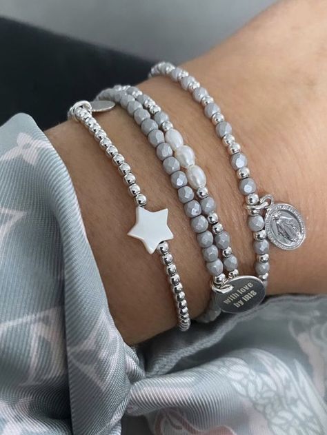 Silver Bracket Stack, Silver Bracelet Stack Aesthetic, Bracelet Stack Ideas Silver, Pretty Stacks, Bracelet Combos, Silver Beaded Bracelets, Grey Bracelet, Silver Bracelet Stack, Silver Jewlery