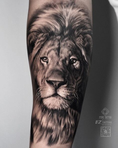 Lion Tattoo On Calf, Realism Lion Tattoo, Lion Sleeve, Samurai Mask Tattoo, Lion Shoulder Tattoo, Matching Bff Tattoos, Big Cat Tattoo, Shoulder Sleeve Tattoos, Animal Sleeve Tattoo