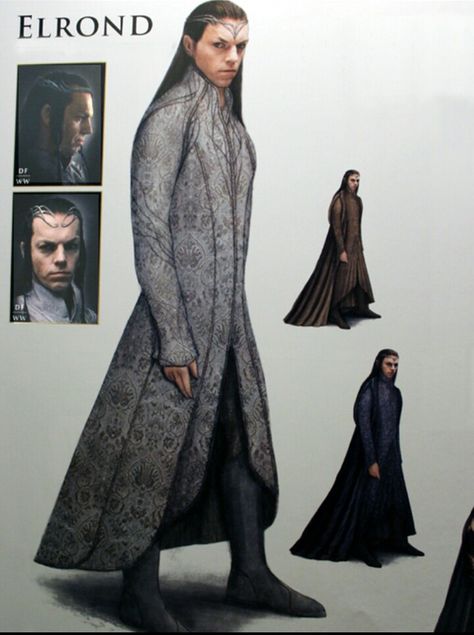 Concept art for Elrond's elven finery in "The Hobbit: An Unexpected Journey" (2012).  In contrast to his velvet robes from the original trilogy, this film's costumes for Elrond feature more textured fabrics and slimmer sleeves. Elrond Costume, Wizarding Fashion, Elvish Style, Lord Elrond, Elven Costume, Elven Clothing, Wizard Robes, Lotr Costume, Lotr Elves