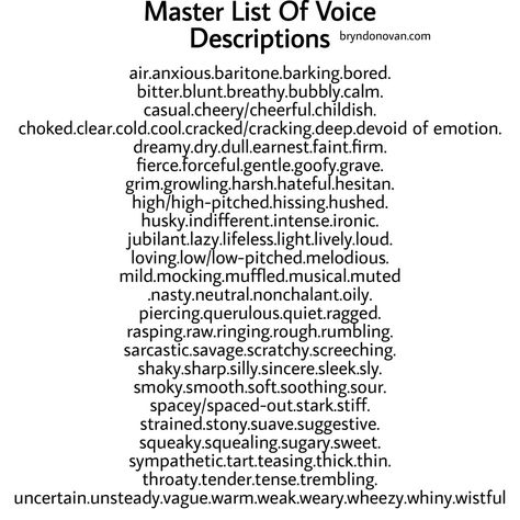 Different Voices For Writing, Describing Tone Of Voice, Different Voice Tones, Tone Of Voice Writing, Adjectives For Voice, Tones Of Voice Writing, Describing Anger Writing, Describing A Smile Writing, Describing Looks Writing