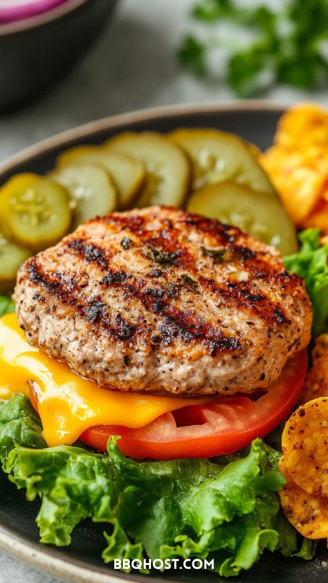 This Bunless Turkey Burger is a keto-friendly, low-calorie dinner packed with flavor! Top it with BBQ-spiced cheddar chips for the perfect side. Save this now and click through for 18 more recipes! Turkey Burger Ideas, Chipotle Turkey Burger, Turkey Feta Burgers, Turkey Burger Sliders, Cheddar Chips, Burger Ideas, Best Turkey Burgers, Greek Turkey Burgers, Bunless Burger