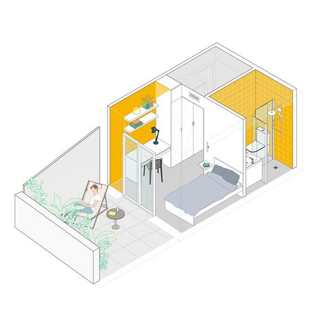 Dozen Doors Coliving / gon architects | ArchDaily Small Apartment Plans, Presentation Architecture, Dorm Door, Innovation Hub, Apartment Deco, Architectural Design Studio, Student Apartment, Co Living, Interior Design Drawings