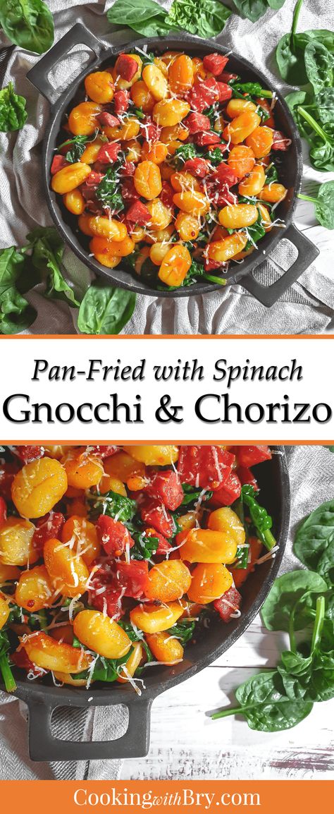 Crispy golden balls of panfried Gnocchi with Chorizo and spinach is a 30 minute meal and speedy dinner perfect for midweek meals. #recipe #recipes #italianfood #italiancuisine #chorizo #spanishfood #fried #dinner #dinnerideas Gnocchi With Chorizo, Gnocchi Homemade, Fried Gnocchi, Pan Fried Gnocchi, Cooking Risotto, Easy Pesto Pasta, Sausage Spinach Pasta, Chorizo Recipe, Sicilian Food