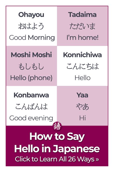 I thought I knew my Japanese greetings before moving to Japan. However, I just realized that nowadays I use totally different phrases to say hello to my friends and when greeting my coworkers in Japanese. So here is how to say hello in Japanese in casual, formal, and semi-formal situations. The most common ways to say “Hello” in Japanese are “Konnichiwa” (こんにちは) throughout the day, “Ohayou Gozaimasu” (おはようございます) in the morning, and “Konbanwa” (こんばんは) in... Read More at #AlexRockinJapanese Good Morning In Japanese Language, How To Say In Japanese, Greetings In Japanese, Good Morning In Japanese, Good Night In Japanese, How To Read Japanese, Ohayou Gozaimasu, Japanese Curse Words, Moving To Japan