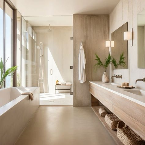 Calm Bathroom Design, Best Spa Bathrooms, Neutral Spa Bathroom Ideas, Spa Bathroom Ideas Master Bath Modern, Bathroom Lounge Area, Calm Master Bath, Spa Like Ensuite, Contemporary Spa Bathroom, Neutral Natural Bathroom