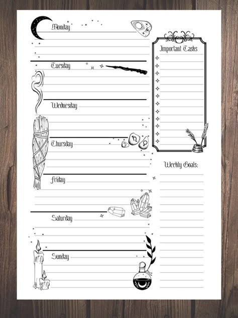 Witchy Printables Journal Pages, Witchy Weekly Planner, Witchy Journal Ideas, Witchy Bullet Journal, Books Bullet Journal, Witch Planner, Witchy Planner, Weekly Planner Print, Witch Journal