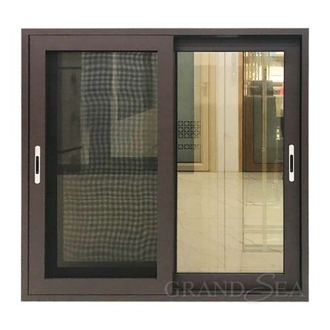 Brown aluminum sliding window frame doing the powder coated brown coffee color, and glass use double brown tinted tempered glass. The window frame using 3 tracks sliding frame can put glass sash and security mesh sash together. Making the house decorative and safe to live in. 3 Track Sliding Window, Window Grill Color Ideas, Sliding Window Designs With Grill, Mesh Window Design, Aluminum Sliding Window Design, Brown Aluminium Windows, Slider Window Designs, Sliding Windows Ideas Modern, Window Colours Ideas