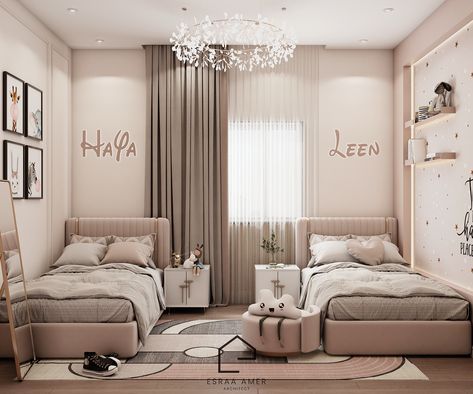 Girls Bedroom on Behance Modern Girls Bedroom Ideas, Sisters Room Ideas, 2 Kids Bedroom Ideas, Bedroom Ideas Two Beds, Room Ideas For Two Sisters, Bedroom Ideas For Two Sisters, Bedroom For Two Sisters, Cozy Halloween Bedroom, Girl Kids Bedroom