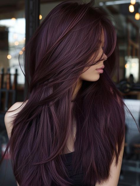 Plum Tinted Brown Hair, Burgundy Balayage Long Hair, Fresh Hair Color Ideas Brunettes, Chocolate Violet Hair Color, Dark Plum Balayage Hair, Purple Glaze Hair, Plum And Copper Hair, Dark Brown With Purple Undertones, Purple Plum Hair Color