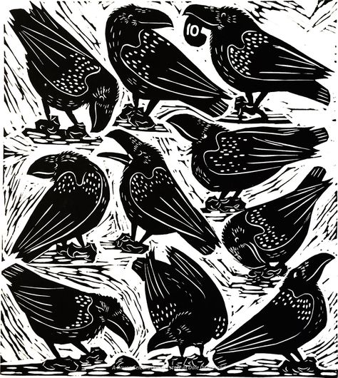 Linocut print by Dale DeArmond, produced in 1991. Raven Block Print, Bird Linocut, Lino Ideas, Print Making Designs, Blackbird Art, Crow Pictures, Woodcut Art, Lino Cuts, Linocut Printmaking