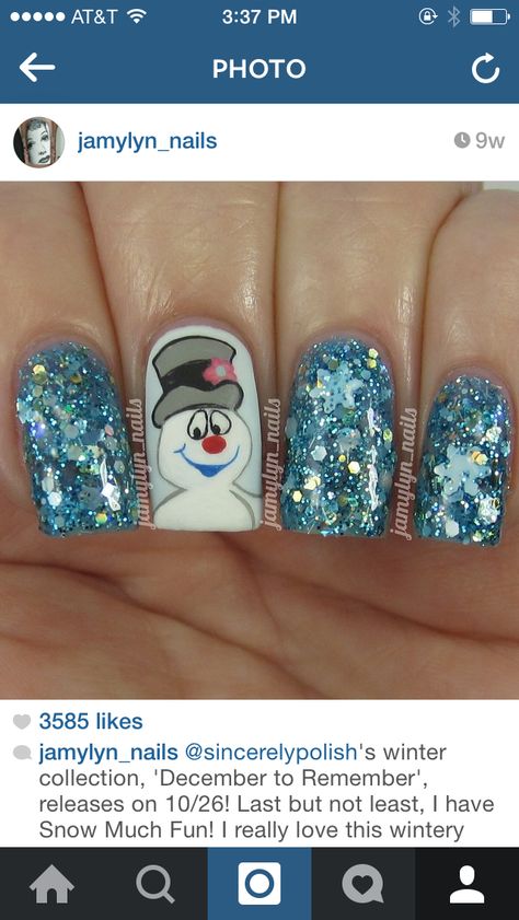 Frosty the Snowman Nails Nails With Snowman, Christmas Nails Glitter, Snowman Nail, Pink Christmas Nails, Snowman Nail Art, Diy Christmas Nail Art, Xmas Nail, Snowman Nails, Xmas Nail Art