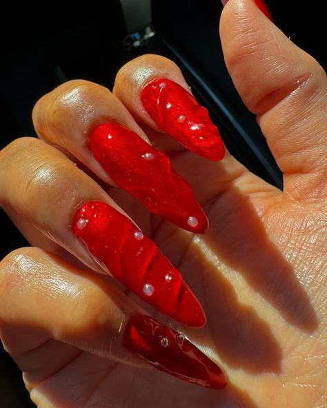 satin red 3d polygel nails 🌹❣️full polygel tutorial is now up on my youtube: doperthanyournails and linked in my profile🎨 3d Red Nails, Polygel Tutorial, Polygel Nail Tutorial, Nails With Pearls, Nails For Beginners, Nails Polygel, Polygel Nail, Vday Nails, Nail Tutorial