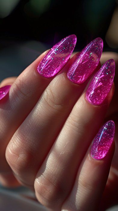 Neon Pink Glitter Nails, Barbie Pink Sparkle Nails, Bright Pink Sparkle Nails, Sparkly Barbie Pink Nails, Hot Pink Shimmer Nails, Business Nails, Nail Techniques, Nail Art Designs Summer, Vacation Nails