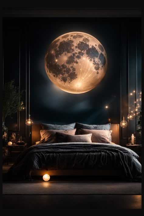 Bask in a bedroom where moon wall art casts an otherworldly glow, enhancing the plush, dark fabrics with celestial light. Every element, from the delicate pendant lights to the sumptuous textures, is kissed by lunar brilliance, conjuring an ambience of cosmic allure and earthly comfort. As night falls, this sanctuary of style becomes a realm where the mystical moon’s embrace enchants every corner, offering a unique blend of luxury and tranquility. Copper Bedroom Ideas, Bedroom Moody, Bedroom Tapestry, Navy Bedroom, Bedroom Romantic, Suite Room, Black Bedroom Decor, Romantic Bed, Moody Decor