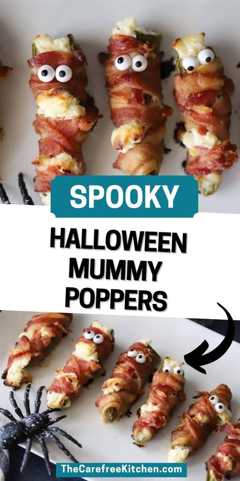 Halloween Bacon Jalapeno Mummies, Halloween Jalapeño Popper Mummies, Jalepeno Poppers Spooky, Mummy Stuffed Jalapenos, Halloween Popper Mummies, Jalapeno Mummies Recipe, Mummy Peppers Halloween, Halloween Jalapeno Mummies, Halloween Party Jalepeno Poppers