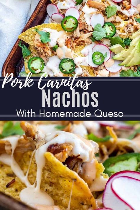 These sheet pan pork carnitas nachos with homemade queso are perfect for a quick and easy weeknight dinner, parties, holidays, or game days! Top with fresh cilantro, jalapeno, and lime for the best finishing touch! #nachos #MexicanFood #pork #food #gamedays Pork Carnitas Nachos, Jalapeno Nachos, Macho Nachos, Carnitas Nachos, Homemade Queso Recipe, Pork Leftovers, Carnitas Crockpot, Sheet Pan Pork, Homemade Queso