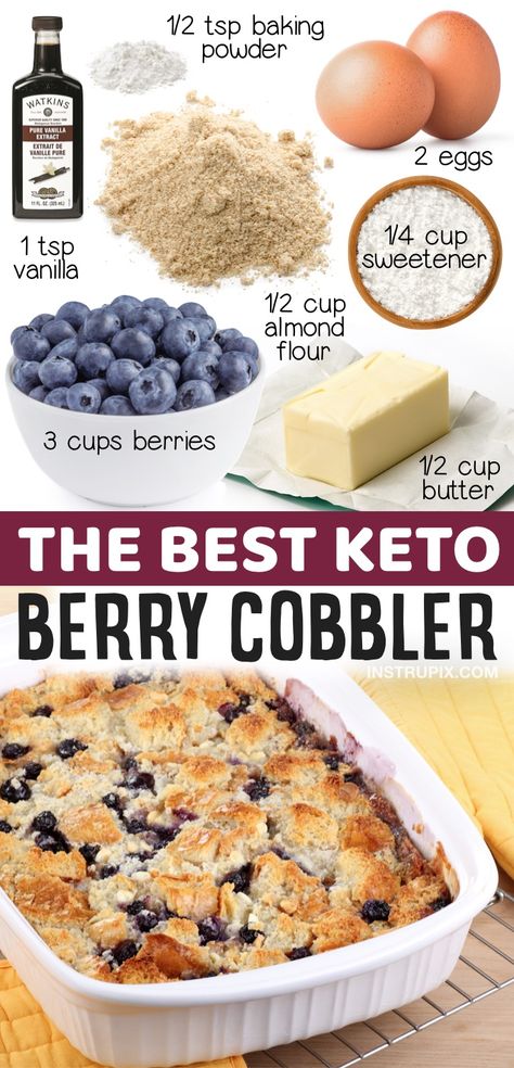 Keto Berry Cobbler Made With Almond Flour | 20 Easy Keto Dessert Recipes That Don't Taste Low Carb -- If you're looking for simple low carb treats, this homemade keto cobbler is amazing! Fun and easy to bake with no chocolate. A nice change from the usual fat bombs or mug cakes. Easy Keto Desserts, Keto Quiche, Desserts Keto, Berry Cobbler, Breakfast Low Carb, Slow Cooker Desserts, Keto Pancakes, Low Carb Treats, Low Carb Dessert