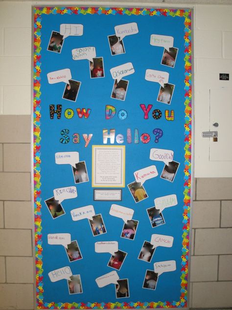 How do you say hello? Sports Bulletin Board Ideas, Esl Classroom Decor, Rights Respecting Schools, Esol Classroom, European Day Of Languages, Multicultural Classroom, Mother Language Day, Thanksgiving Classroom, Class Displays