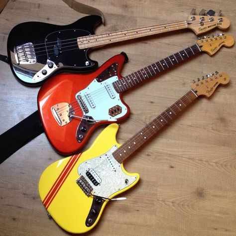 Squier Fans on Instagram: "A Squier mustang bass next to a Squier Jag. The Yellow guitar is #fender cyclone. 📷 : Flickr - shortscale" Squier Mustang, Mustang Guitar, Yellow Guitar, Instagram A, Mustang, Electric Guitar, Bass, Guitar, Fan