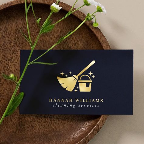 Navy & Gold House Cleaning Services  Business Card  Zazzle Business Card Ideas For Cleaning Service, Cleaning Services Business Cards, Cleaning Company Business Cards, Cleaning Cards Business Ideas, Cleaning Business Logo Ideas, Clean Service Logo, Cleaning Service Logo Ideas, Cleaning Logo Design Ideas, Cleaning Service Business Cards