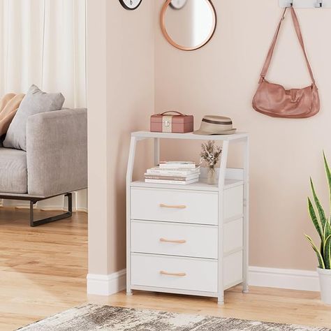 Limited time deal $39.97 (33% Off)(List Price: $59.98) Furnulem White Nightstand with 3 Drawers and 2-Tier Shelf, Small Night Stand End Table Side Furniture, Fabric Storage Organizer for Bedroom, Closet, Hallway, Nursery, Sturdy Steel Frame, Wood Top Vertical Dresser, 5 Drawer Storage, Organizing Clothes, Metal Nightstand, Table In The Living Room, Storage Dresser, Small Nightstand, Fabric Dresser, Dresser For Bedroom