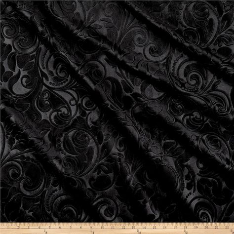 Embossed Velvet Scroll Black from @fabricdotcom  This buttery soft, medium/heavyweight embossed velvet will add luxury and sophistication to any home decor project. The rich, opulent sheen and color makes it perfect for any home décor style. Its structural styling characteristics and durability are great for upholstering, slipcovers, toss pillows or creating handbags and tote bags. This fabric has 20,000 double rubs. Formal Disneybound, Embossed Velvet, 2019 Runway, Spring Awakening, Fabric Stars, Haunted Mansion, Diy Sewing Projects, Toss Pillows, Upholstered Furniture