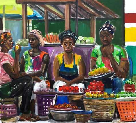 Business Painting, Ghana Art, African Figurines, Women Artist, Market Scene, Contemporary African Art, Market Day, Black Art Painting, Great Paintings