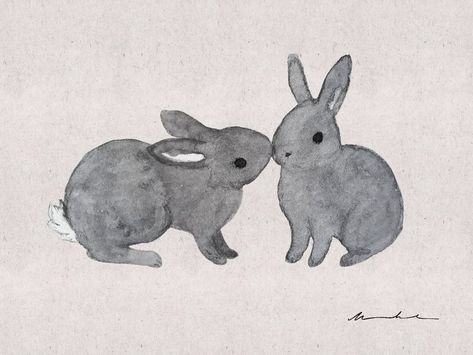 Bunnies Kissing, Bunny Kiss, Romantic Lovers, Illustration Cute, Watercolour Illustration, Bunny Lovers, Cute Bunny, Watercolor Illustration, Rabbits