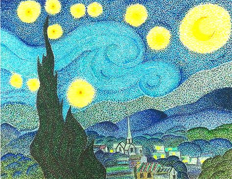 The starry night. Vangogh. Pointillism. By: Pat taveras Pointalism Art Ideas, Pointilism Art Ideas Easy, Pointism Art, Stippling Painting, Pointilism Art Ideas, Pointilism Art, Pointalism Art, Dotted Drawings, Whimsical Art Paintings