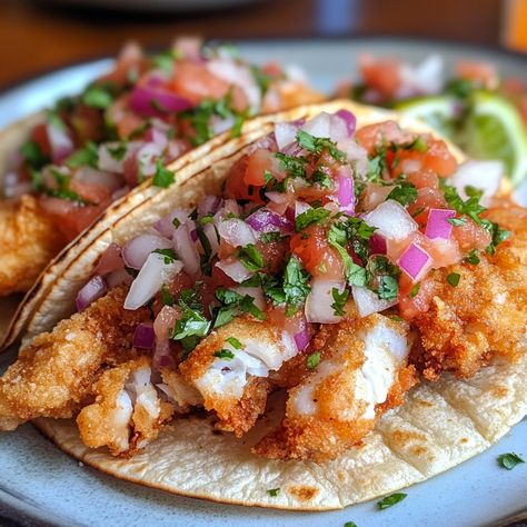 Fried fish tacos are a staple of coastal Mexican cuisine, offering a delightful combination of crispy fish, fresh salsa, and warm tortillas. This recipe highlights the simplicity of the salsa, which uses just red onion, tomato, and cilantro to enhance the flavors of the fish without overpowering them.  #mexicanfood #taco #tacotuesday Fish Tacos Photography, Fish Tacos Crispy, Mexican Fish Tacos, Tomato Onion Salsa, Fish Tacos Tilapia, Fried Fish Tacos, Street Taco Recipe, Mexican Seafood, Cranberry Salsa