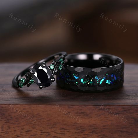 Here we have a Vintage black onyx couples ring set black gold matching promise ring His and Her wedding band Mens opal tungsten ring anniversary gifts ITEM DESCRIPTION ✦ Handmade, high-quality item! ✦ Material: Sterling Silver/Solid Gold/Tungsten ►Sold as a two-piece set ►His ring is Black Tungsten Carbide with blue green opal. ►His band width: 8mm ►His tungsten ring will not turn green itself and will not cause your skin to turn green.  ✦ Durable - Incredibly Scratch-Resistant to always look gr Couple Rings Black, Cute Rings For Couples, Wedding Rings Gold And Silver, Black Gold Rings, Promise Rings For Couples Matching Set, Black Wedding Ring Sets, Matching Promise Rings, Matching Couple Rings, Promise Rings For Couples