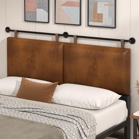 Mounted Headboard To Wall, Brown Leather Bed Bedroom Ideas, Hanging Pillow Headboard, King Headboard Ideas Master Bedrooms, Brown Fabric Headboard, Diy Full Size Headboard, Masculine Headboard, Headboard For Adjustable Bed, Headboard On Wall