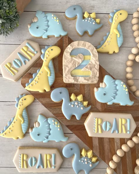 Dinasour Cookies Ideas, Dinosaur Cookies Decorated, Dino Cookies, Cookie Corner, Baby First Birthday Themes, Dinosaur Cookies, Cookies Theme, Cookie Business, Baby Dinosaur