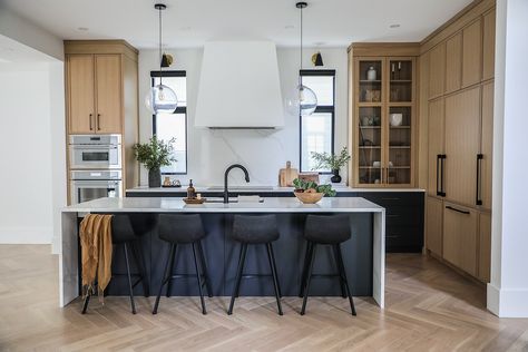 Gallery 3 — peach media Waterfall Kitchen Island, Waterfall Island Kitchen, Herringbone Floors, Waterfall Kitchen, Waterfall Island, Herringbone Floor, Integrated Appliances, Island Kitchen, Custom Kitchen