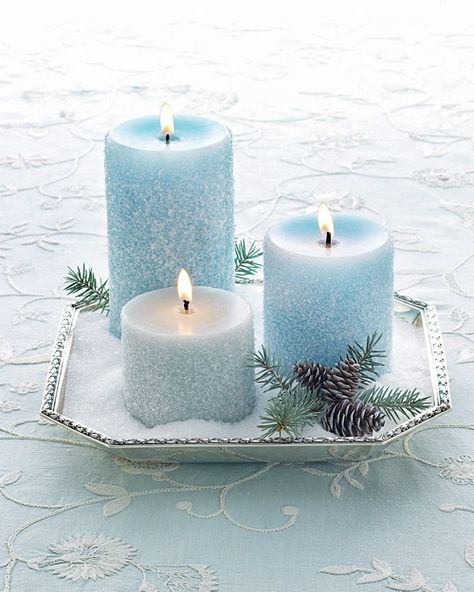 light blue candles coated with white glue and rolled in glitter and Epsom salts, on a tray filled with Epsom salts "snow" Jul Diy, Blue Winter Wedding, Christmas Tablescape, Blue Candles, Candle Centerpieces, Noel Christmas, Blue Christmas, Christmas Countdown, Christmas Wedding