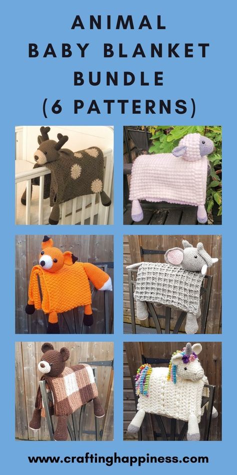 ANIMAL BABY BLANKETS A bundle of 6 crochet patterns for animal baby blankets that turn into a toy. Affordable crochet PDF pattern by Crafting Happiness. #crochetblankets #crochetafghans #crochetstitches #crochetpatterns #crochetanimals #crochetforchildren #crochetprojects #crochetbaby #babyblankets Crochet Crib Blanket Pattern Free, Cow Blanket Crochet Pattern Free, Animal Baby Blanket Crochet, Crochet Animal Blanket, Crochet Crib, Lovey Pattern, Animal Blanket, Haken Baby, Animal Baby