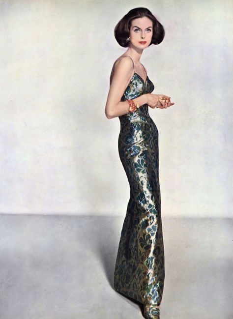 Beautiful Fashion Designs by James Galanos in the 1950s ~ Vintage Everyday Gold Brocade Dress, Irving Penn, Fashion Walk, Beautiful Evening Dresses, Gold Brocade, Fashion 1950s, Silk Chiffon Dress, American Fashion Designers, Coral And Gold